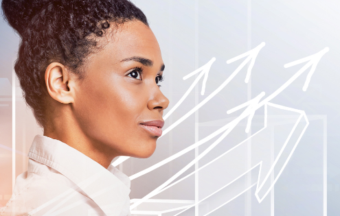 Confident professional woman looking ahead with upward arrows symbolizing growth and success, with abstract digital interface elements in the background.